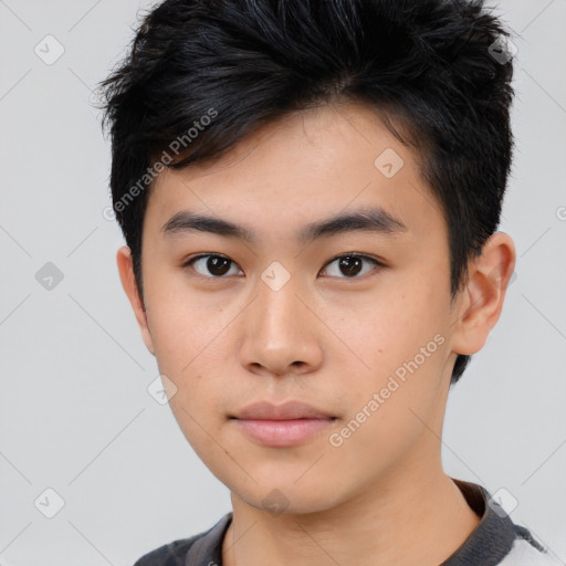 Neutral asian young-adult male with short  black hair and brown eyes