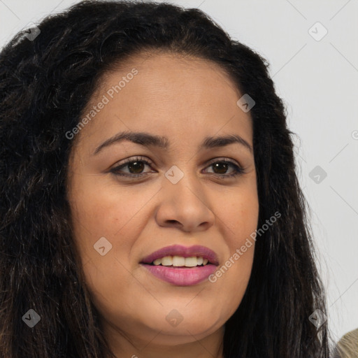 Joyful latino young-adult female with long  brown hair and brown eyes