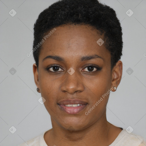 Joyful black young-adult female with short  black hair and brown eyes