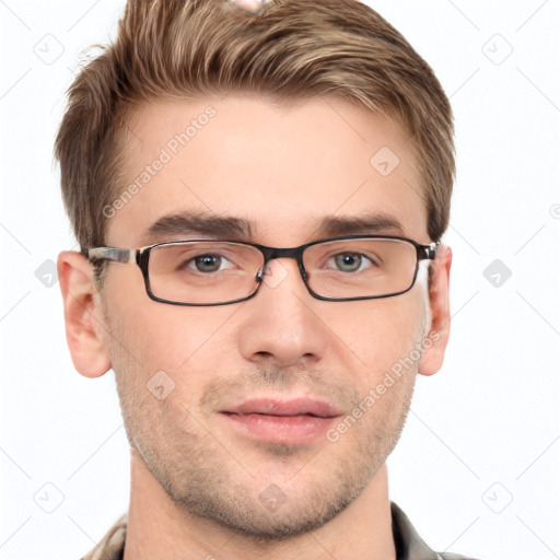 Neutral white young-adult male with short  brown hair and grey eyes