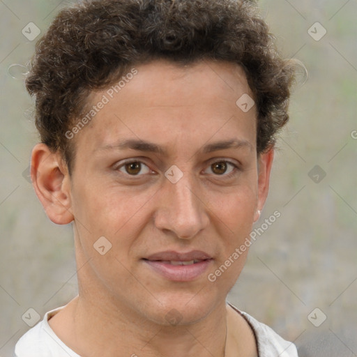 Joyful white adult female with short  brown hair and brown eyes