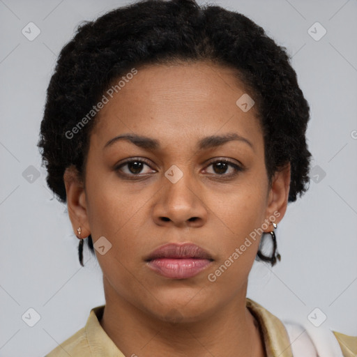 Neutral black young-adult female with short  brown hair and brown eyes