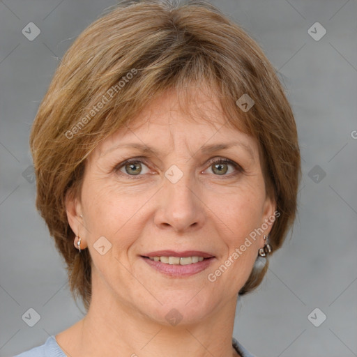 Joyful white adult female with medium  brown hair and grey eyes