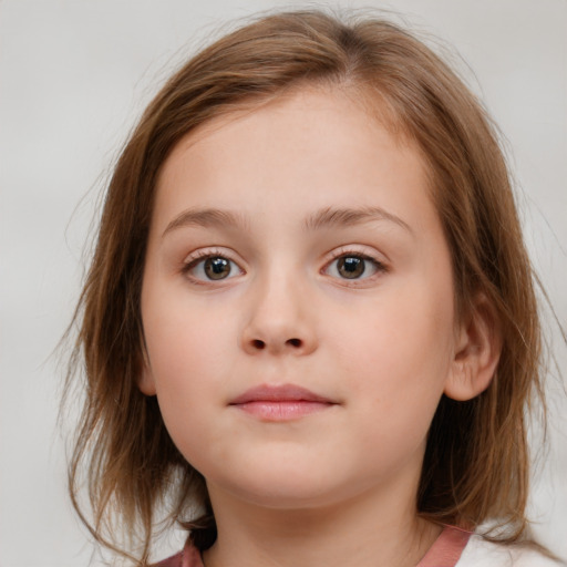 Neutral white child female with medium  brown hair and blue eyes