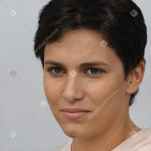 Joyful white young-adult female with short  brown hair and brown eyes