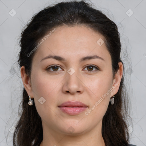 Joyful white young-adult female with long  brown hair and brown eyes