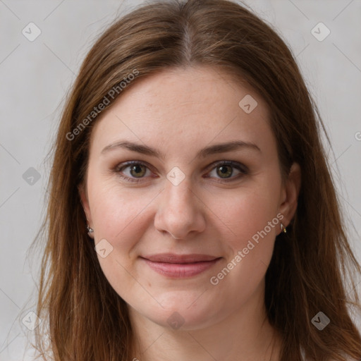 Joyful white young-adult female with long  brown hair and grey eyes