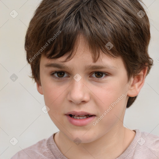 Joyful white child female with short  brown hair and brown eyes