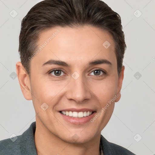 Joyful white young-adult female with short  brown hair and brown eyes