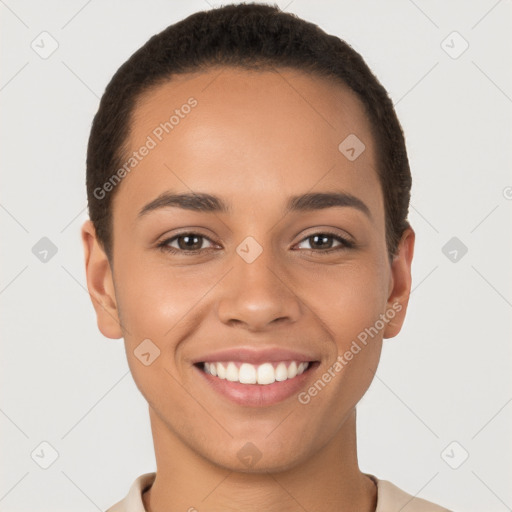 Joyful white young-adult female with short  brown hair and brown eyes