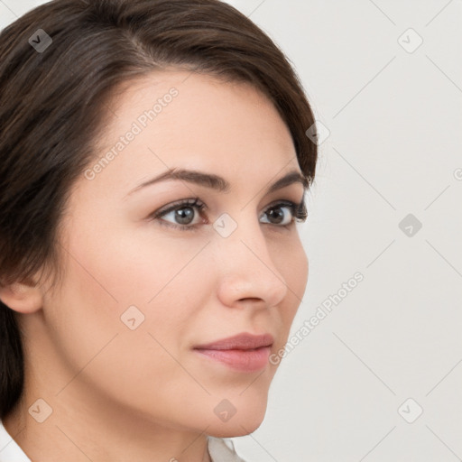 Neutral white young-adult female with medium  brown hair and brown eyes