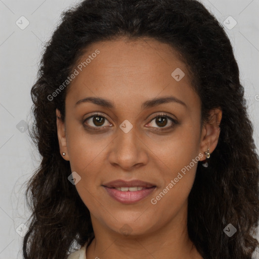 Joyful latino young-adult female with long  brown hair and brown eyes