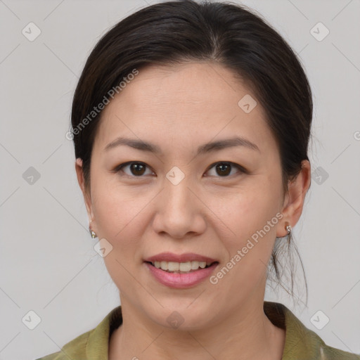 Joyful white young-adult female with medium  brown hair and brown eyes