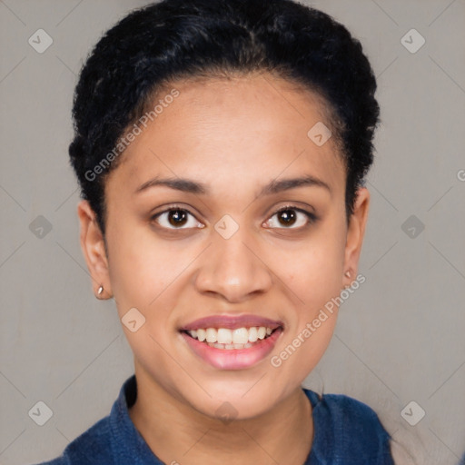 Joyful white young-adult female with short  black hair and brown eyes