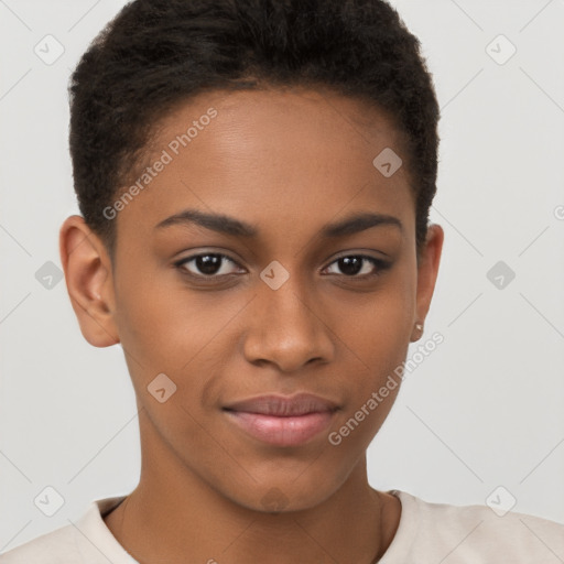 Joyful black young-adult female with short  brown hair and brown eyes