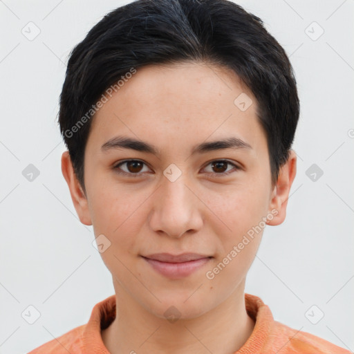 Joyful white young-adult female with short  brown hair and brown eyes