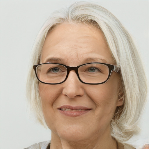 Joyful white middle-aged female with medium  blond hair and blue eyes