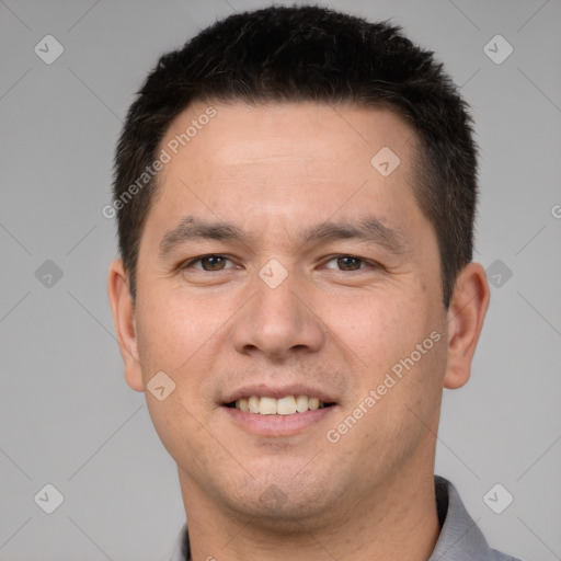 Joyful white young-adult male with short  brown hair and brown eyes