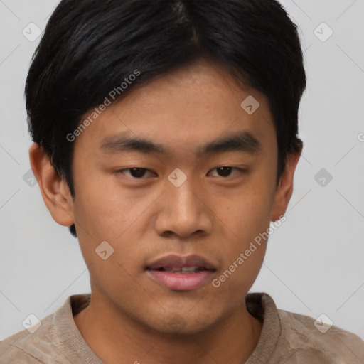Neutral asian young-adult male with short  black hair and brown eyes