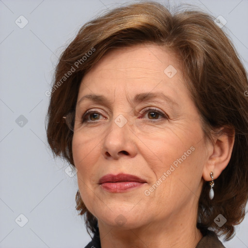 Joyful white middle-aged female with medium  brown hair and brown eyes