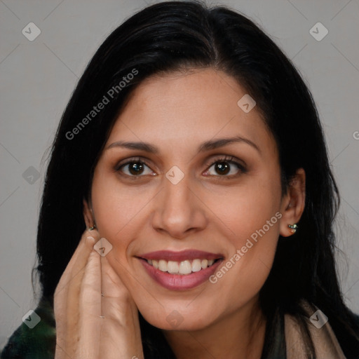 Joyful asian young-adult female with long  brown hair and brown eyes