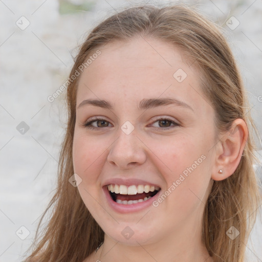 Joyful white young-adult female with long  brown hair and grey eyes