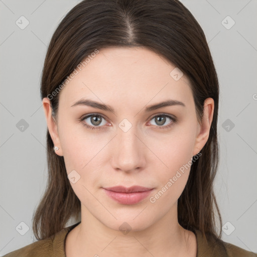 Neutral white young-adult female with medium  brown hair and brown eyes