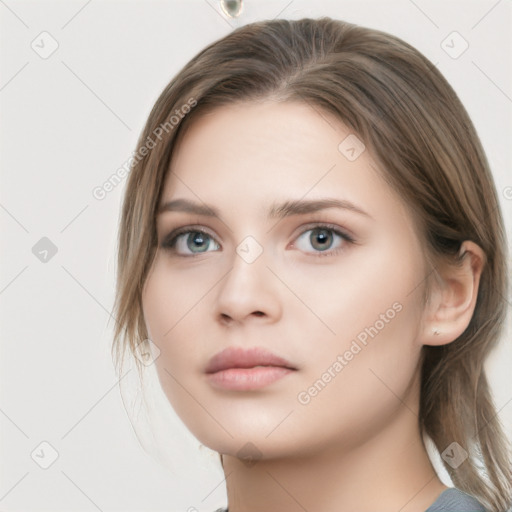 Neutral white young-adult female with medium  brown hair and grey eyes