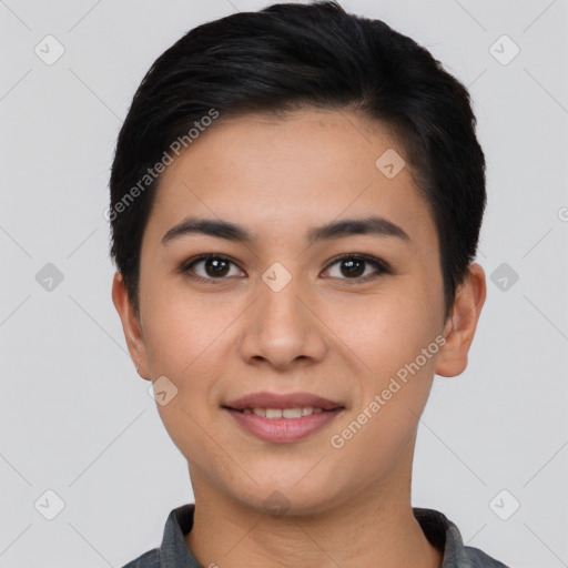 Joyful asian young-adult female with short  black hair and brown eyes