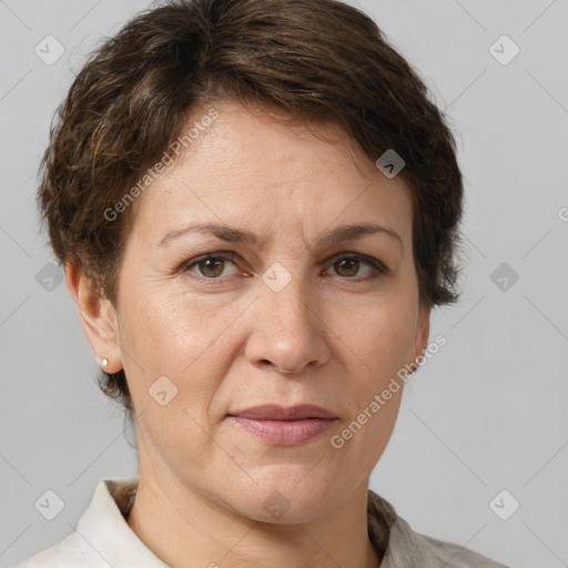 Joyful white adult female with short  brown hair and brown eyes