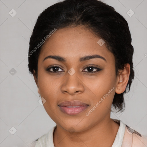 Joyful latino young-adult female with medium  black hair and brown eyes