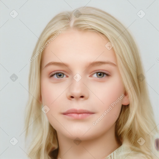 Neutral white young-adult female with medium  brown hair and blue eyes