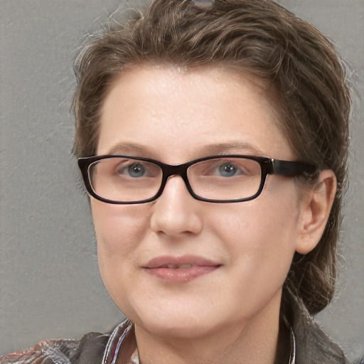 Joyful white adult female with medium  brown hair and blue eyes