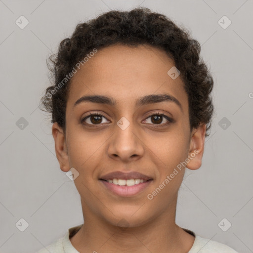 Joyful latino young-adult female with short  brown hair and brown eyes