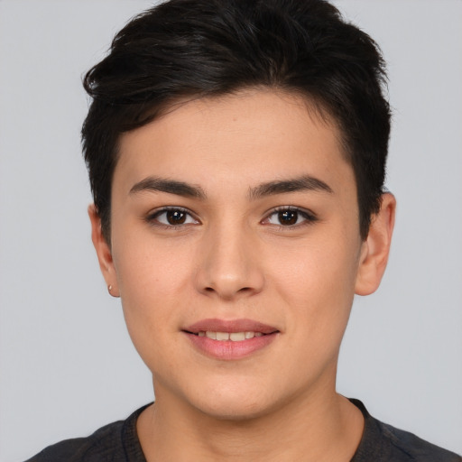 Joyful asian young-adult female with short  brown hair and brown eyes