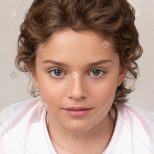 Joyful white child female with medium  brown hair and brown eyes