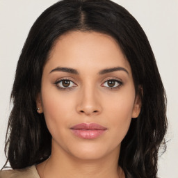 Neutral latino young-adult female with long  black hair and brown eyes