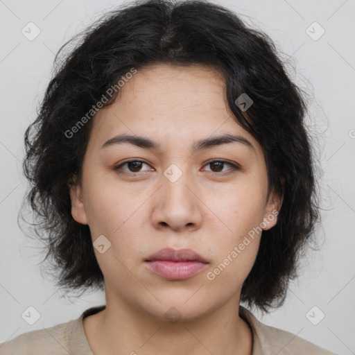 Neutral asian young-adult female with medium  brown hair and brown eyes