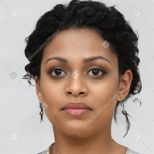 Joyful latino young-adult female with short  brown hair and brown eyes