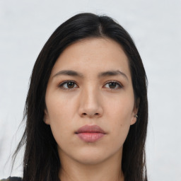 Neutral asian young-adult female with long  black hair and brown eyes