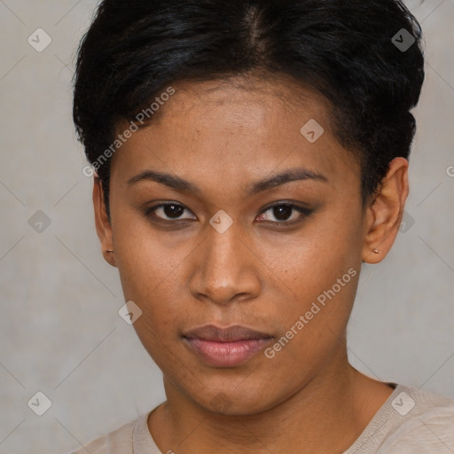 Neutral latino young-adult female with short  brown hair and brown eyes