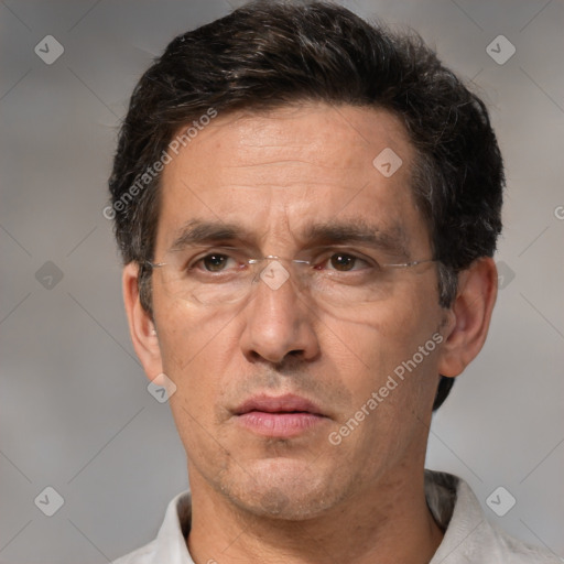 Neutral white adult male with short  brown hair and brown eyes