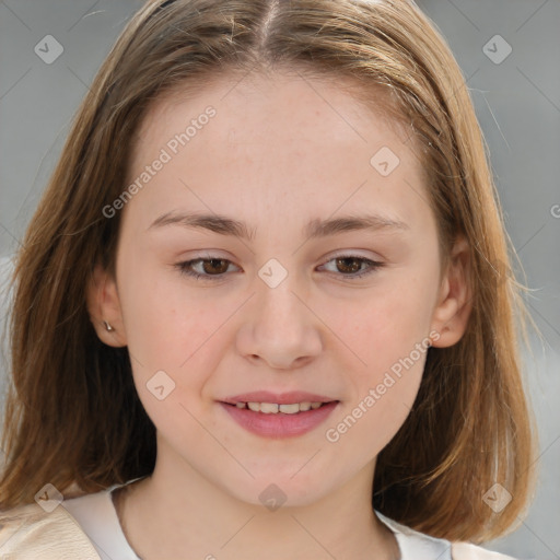 Joyful white child female with medium  brown hair and brown eyes