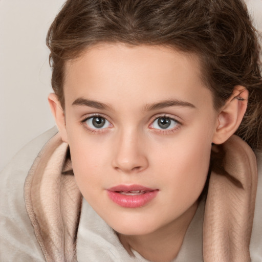 Joyful white child female with medium  brown hair and grey eyes