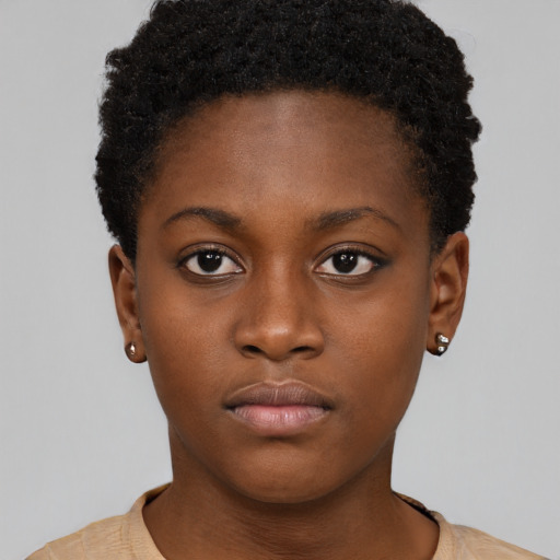 Neutral black young-adult female with short  brown hair and brown eyes