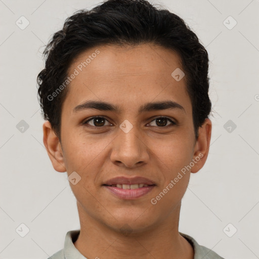 Joyful latino young-adult female with short  brown hair and brown eyes