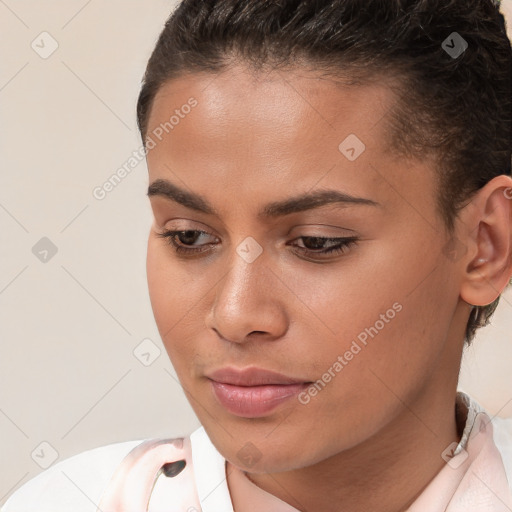 Joyful white young-adult female with short  brown hair and brown eyes