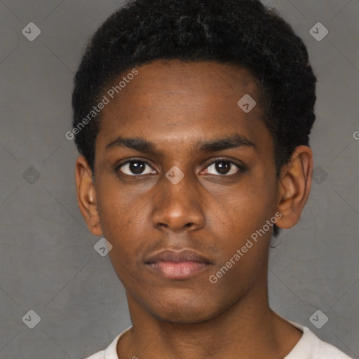 Neutral black young-adult male with short  black hair and brown eyes