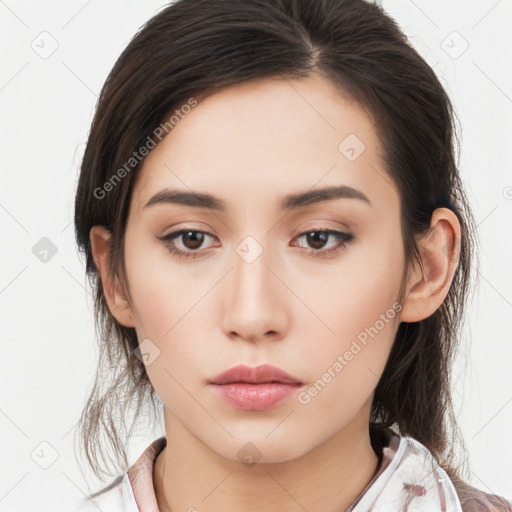 Neutral white young-adult female with medium  brown hair and brown eyes