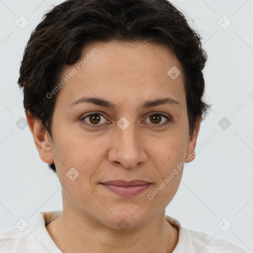 Joyful white adult female with short  brown hair and brown eyes